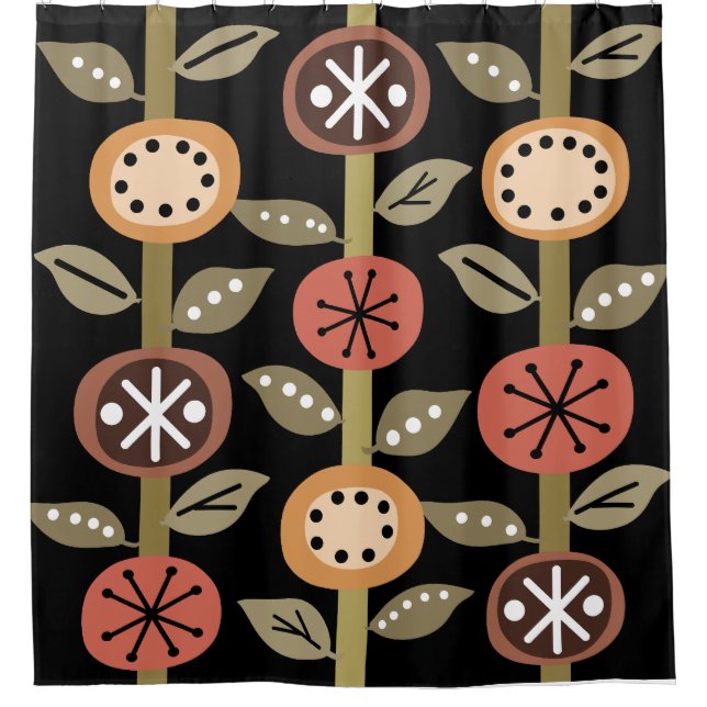 Atomic Era Flowers Art Black Colourful Shower Curtain (Front)