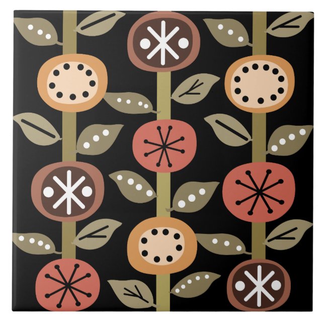 Atomic Era Flowers Art Black Colourful Tile (Front)
