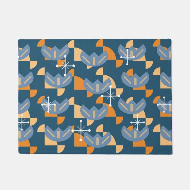 Atomic Era Funky Flowers (Blue & Orange) Doormat (Front)