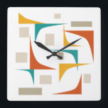 Atomic Era Geometric Corners Mid-Century Square Wall Clock<br><div class="desc">Add a pop of colour to your wall with this funky mid century modern clock! It features the fun colours of teal blue,  burnt orange,  tan,  and yellowy orange geometric shapes.</div>