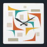 Atomic Era Geometric Corners Mid-Century Square Wall Clock<br><div class="desc">Add a pop of colour to your wall with this funky mid century modern clock! It features the fun colours of teal blue,  burnt orange,  tan,  and yellowy orange geometric shapes.</div>