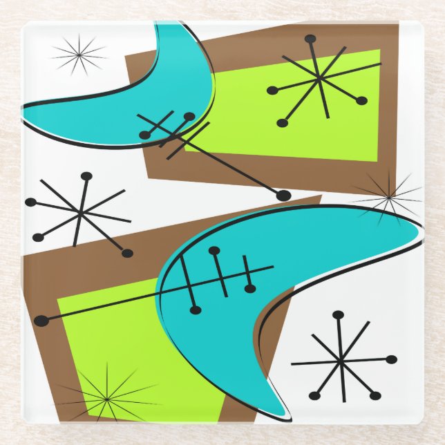 Atomic Era Inspired Boomerang Design Sandstone Coa Glass Coaster (Front)