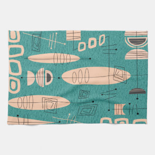 Atomic Era Inspired Fish Art Teal Tea Towel