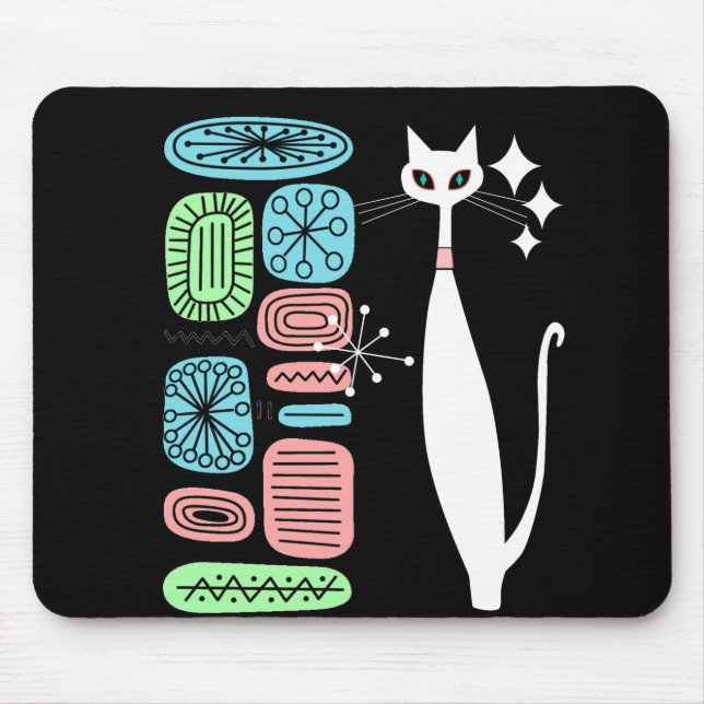 Atomic Era Mid Century Modern White Cat Mouse Mat (Front)