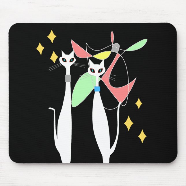 Atomic Era Mid Century Modern White Cat Mouse Mat (Front)