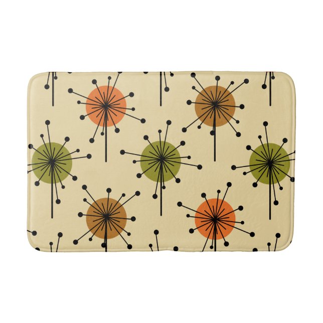 Atomic Era Sputnik Starburst Flowers Earth Tones Bath Mat (Front)