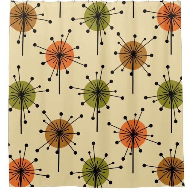 Atomic Era Sputnik Starburst Flowers Earth Tones Shower Curtain (Front)