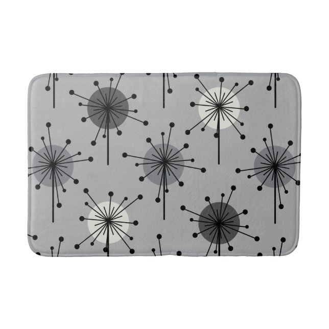 Atomic Era Sputnik Starburst Flowers Grey Bath Mat (Front)