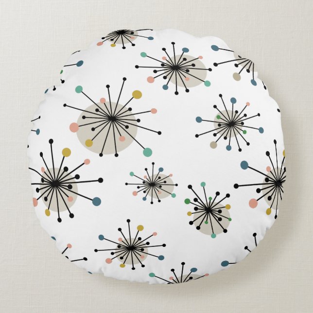 Atomic Era Starburst Pattern Mid Century Modern Round Cushion (Front)