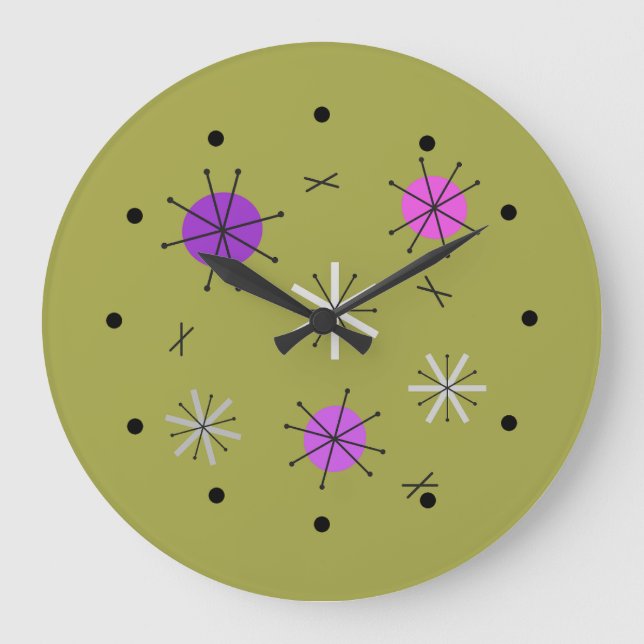 Atomic Era Starburst Planets Olive Green Large Clock (Front)
