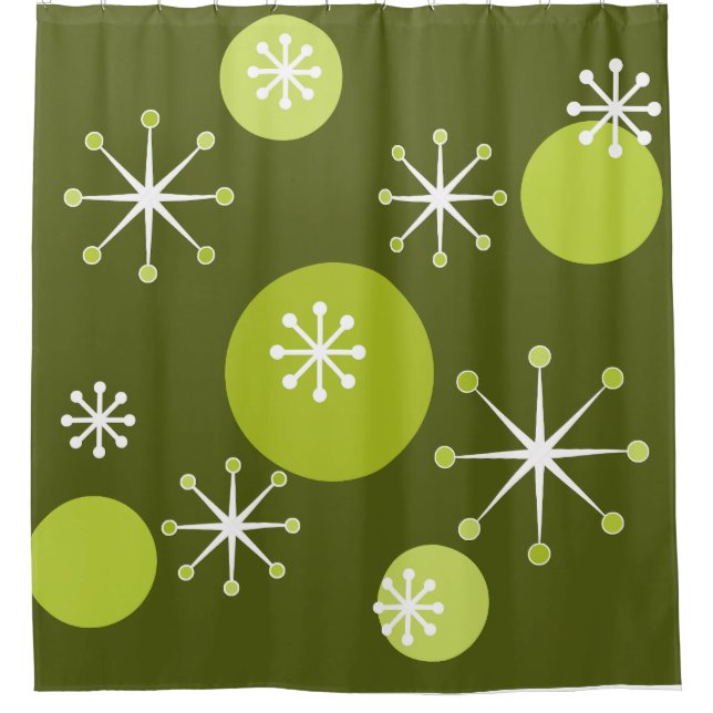 Atomic Era Starbursts Olive Green Shower Curtain (Front)