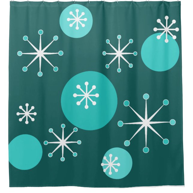 Atomic Era Starbursts Teal Shower Curtain (Front)