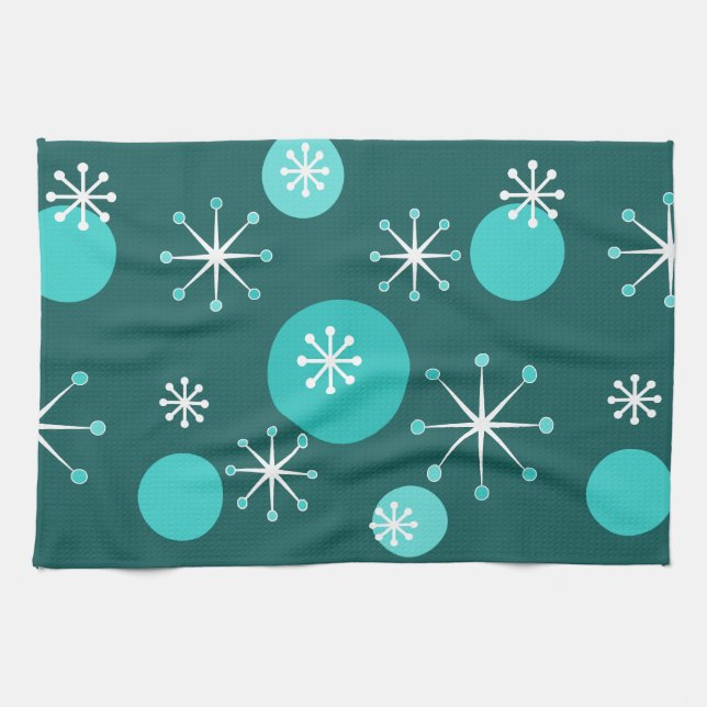 Atomic Era Starbursts Teal Tea Towel (Horizontal)