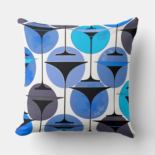 Atomic Fifties Inspired Martinis In Grey Aqua Blue Cushion (Front)