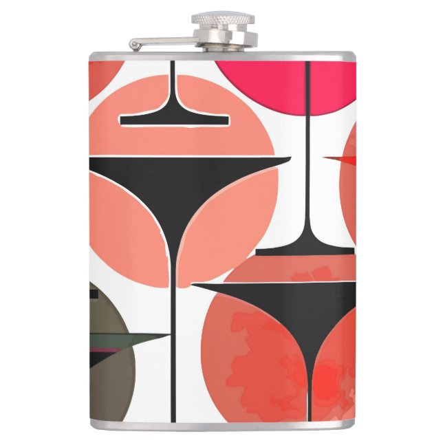 Atomic Fifties Inspired Martinis In Magenta Hip Flask (Front)