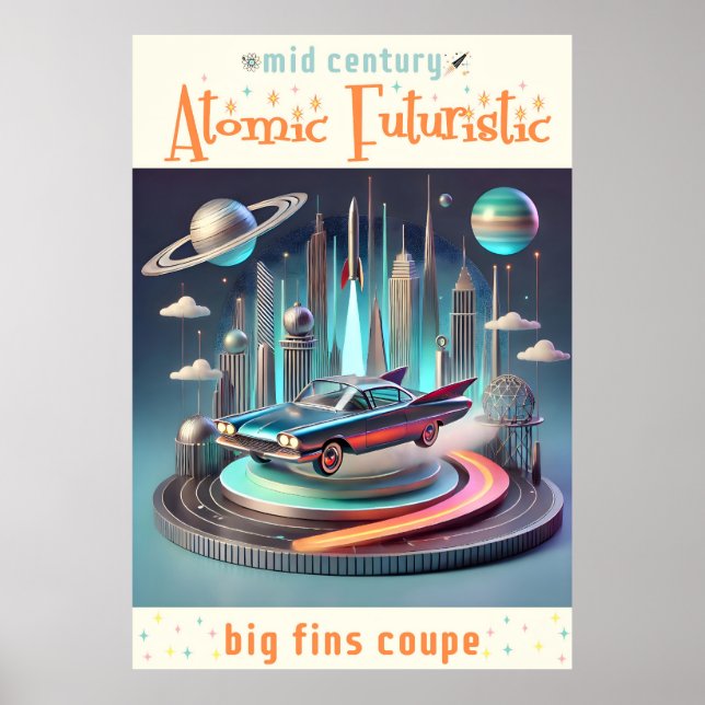 Atomic Futuristic Big Fins Coupe Car Poster (Front)