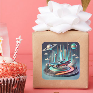 Atomic Futuristic Big Fins Coupe Car Square Sticker