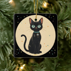 Atomic Futuristic Black Cat Moon Ceramic Ornament