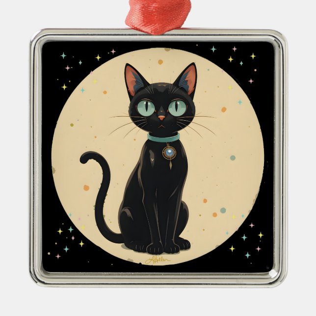 Atomic Futuristic Black Cat Moon Metal Tree Decoration (Front)
