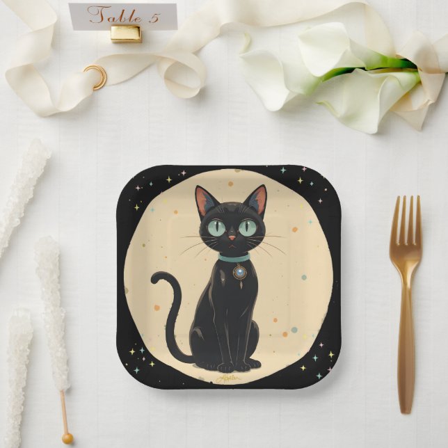 Atomic Futuristic Black Cat Moon Paper Plate (Wedding)