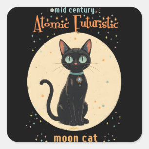 Atomic Futuristic Black Cat Moon with text Square Sticker