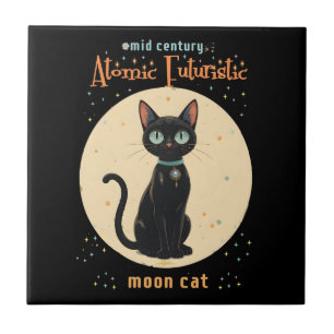 Atomic Futuristic Black Cat Moon with text Tile