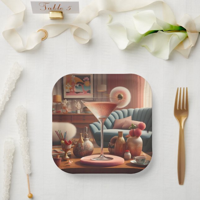 Atomic Futuristic Cherry Blossom Martini Paper Plate (Wedding)