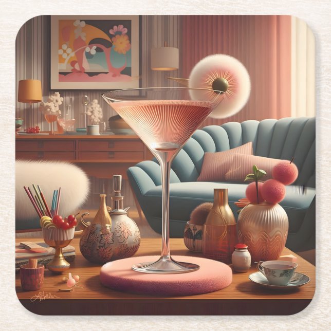 Atomic Futuristic Cherry Blossom Martini Square Paper Coaster (Front)