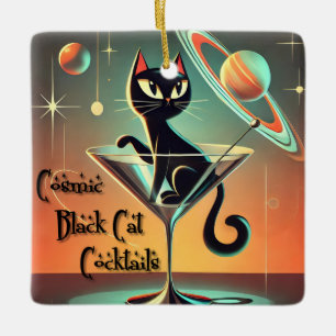Atomic Futuristic Cosmic Black Cat Cocktails Ceramic Ornament