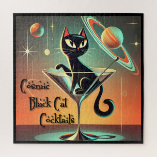 Atomic Futuristic Cosmic Black Cat Cocktails Jigsaw Puzzle