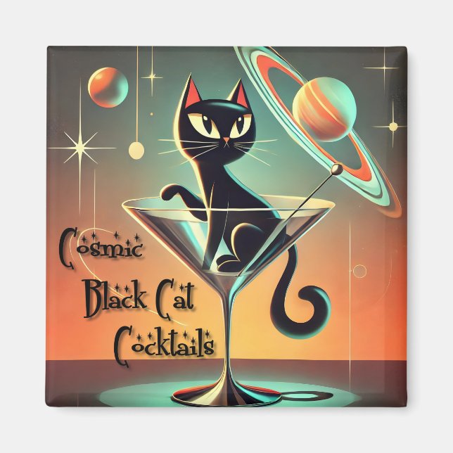 Atomic Futuristic Cosmic Black Cat Cocktails Magnet (Front)