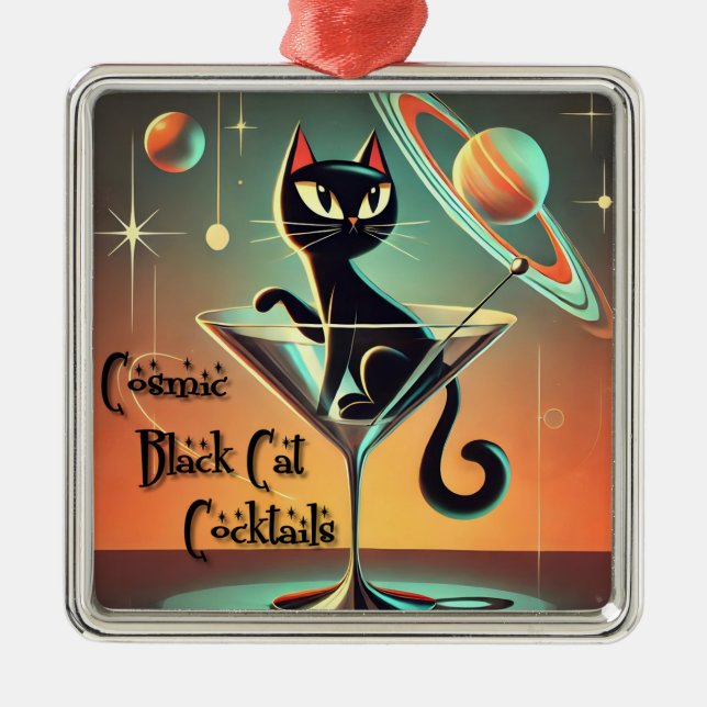 Atomic Futuristic Cosmic Black Cat Cocktails Metal Tree Decoration (Front)