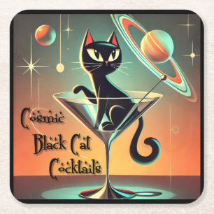 Atomic Futuristic Cosmic Black Cat Cocktails Square Paper Coaster