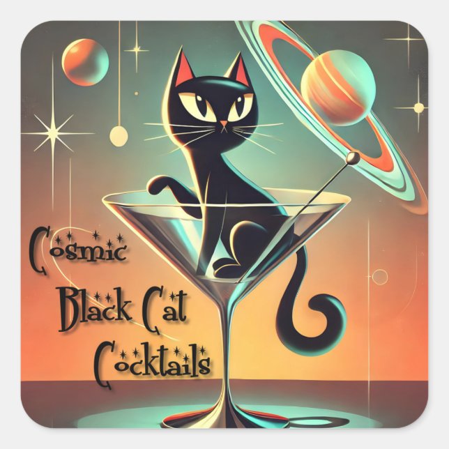 Atomic Futuristic Cosmic Black Cat Cocktails Square Sticker (Front)