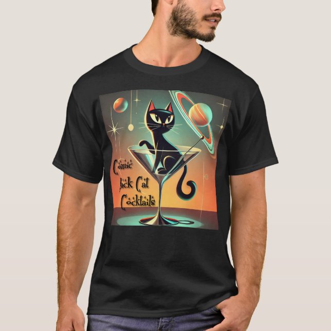 Atomic Futuristic Cosmic Black Cat Cocktails T-Shirt (Front)