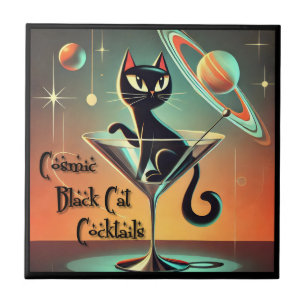 Atomic Futuristic Cosmic Black Cat Cocktails Tile
