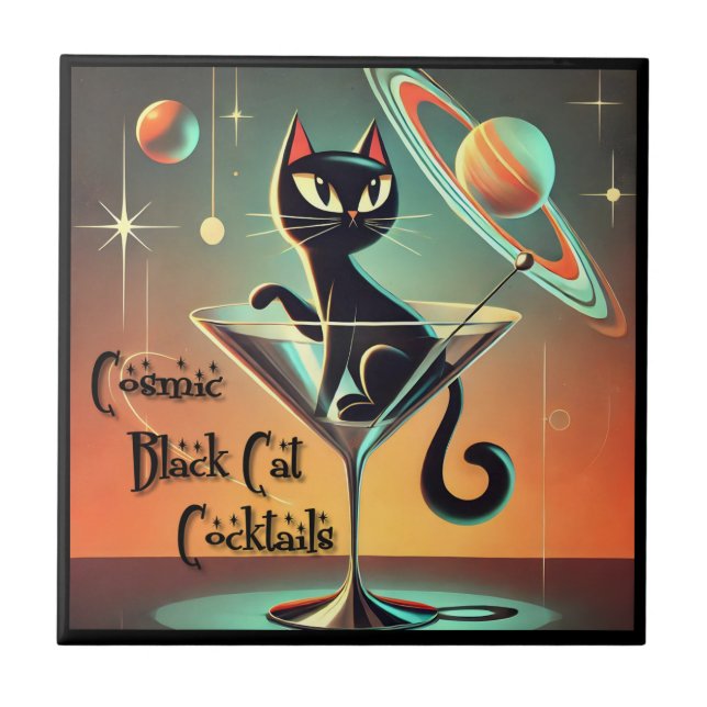 Atomic Futuristic Cosmic Black Cat Cocktails Tile (Front)
