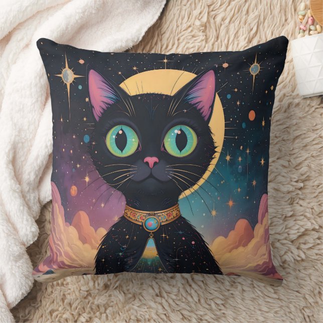Atomic Futuristic Cosmic Black Cat in Moonlight Cushion (Blanket)