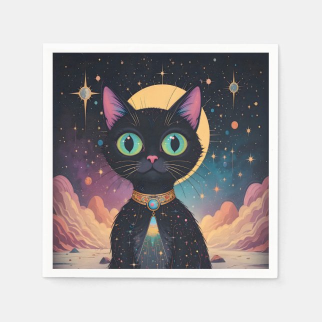 Atomic Futuristic Cosmic Black Cat in Moonlight Napkin (Front)