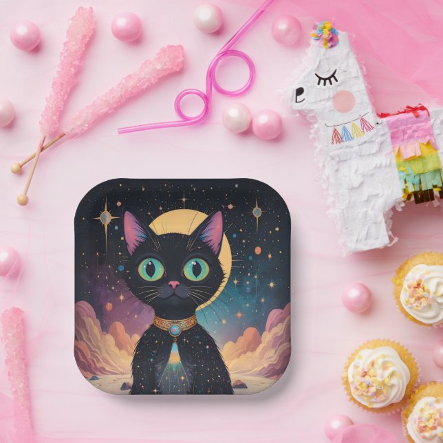Atomic Futuristic Cosmic Black Cat in Moonlight Paper Plate (Party)