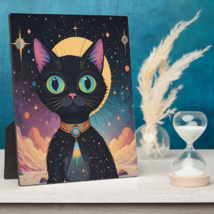 Atomic Futuristic Cosmic Black Cat in Moonlight Plaque