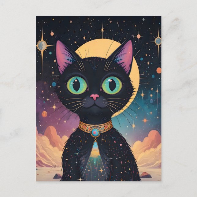 Atomic Futuristic Cosmic Black Cat in Moonlight Postcard (Front)