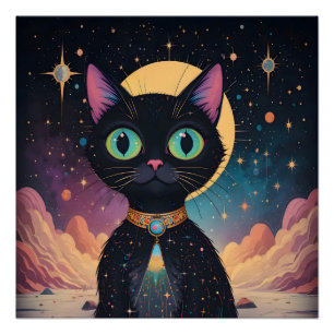 Atomic Futuristic Cosmic Black Cat in Moonlight Poster