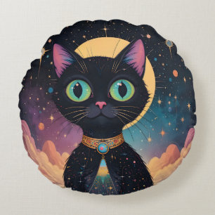 Atomic Futuristic Cosmic Black Cat in Moonlight Round Cushion