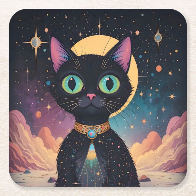 Atomic Futuristic Cosmic Black Cat in Moonlight Square Paper Coaster (Front)