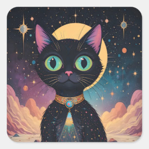 Atomic Futuristic Cosmic Black Cat in Moonlight Square Sticker