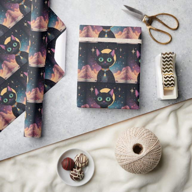 Atomic Futuristic Cosmic Black Cat in Moonlight Wrapping Paper (Crafts)