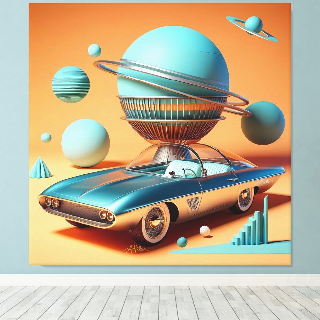 Atomic Futuristic Sky View Cruiser Car  Canvas Print (Insitu(Wood Floor))