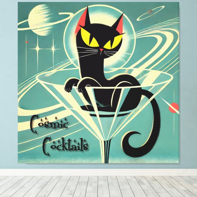 Atomic Futuristic Space Age Black Cat Martini Canvas Print (Insitu(Wood Floor))