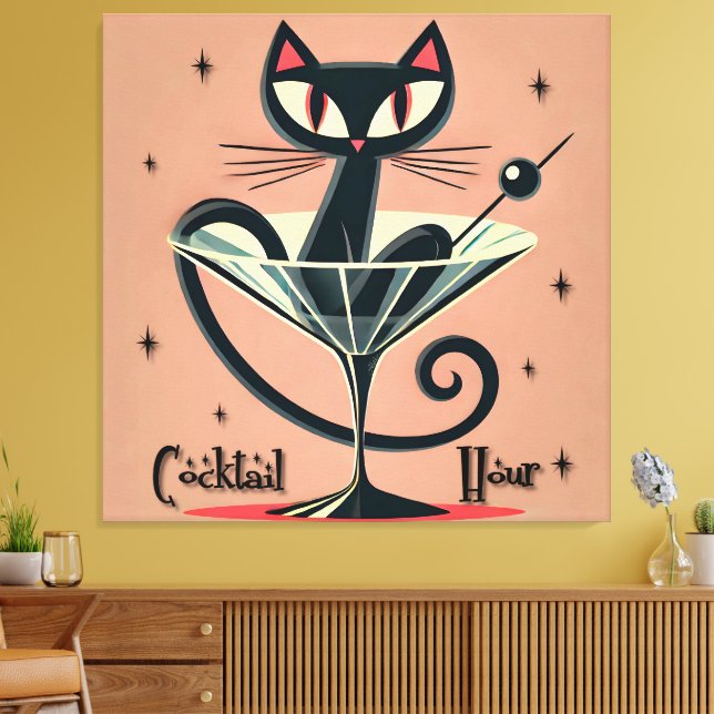 Atomic Futuristic Space Age Black Cat Martini Canvas Print (Insitu(LivingRoom))